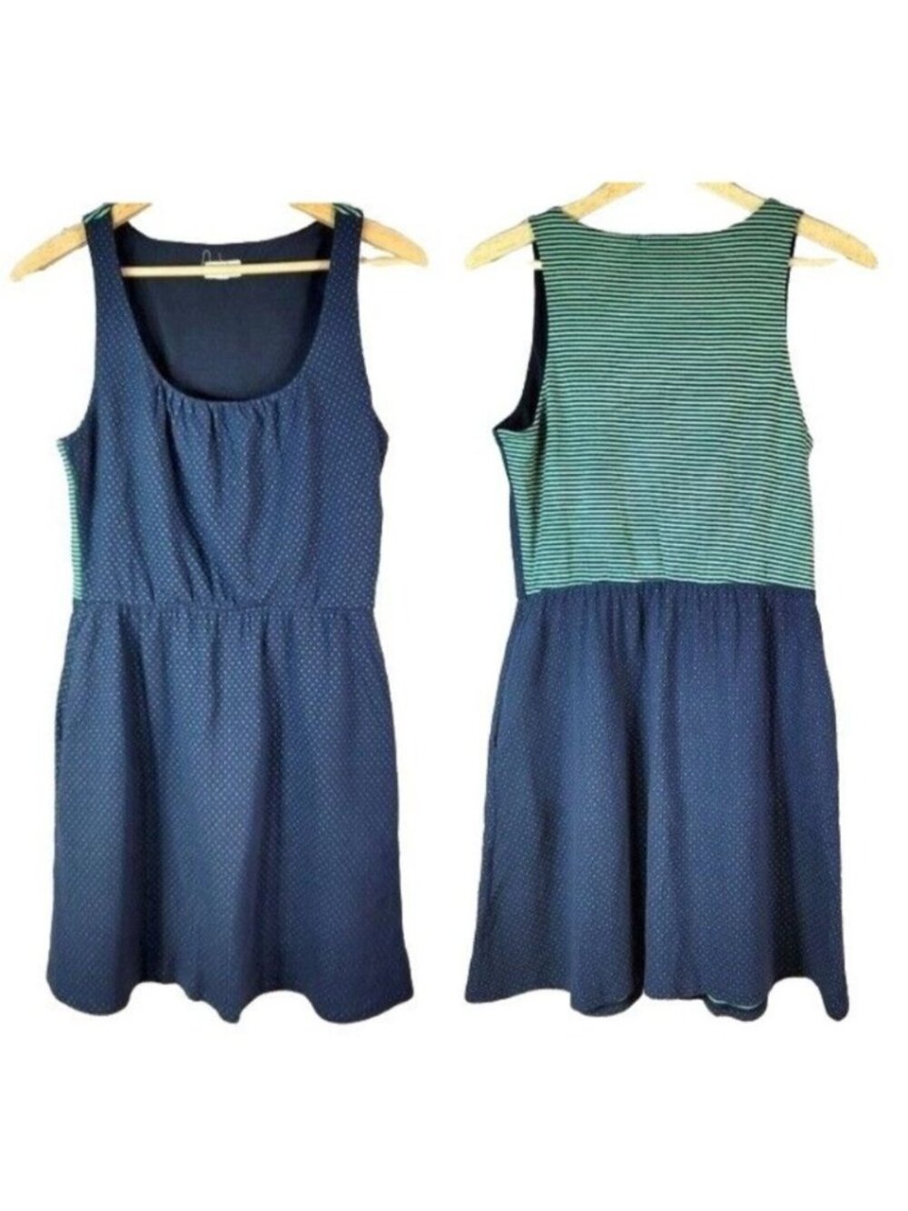 Maison Jules Women Jumper Dress Blue Green Large Pockets Sleeveless Dot Striped